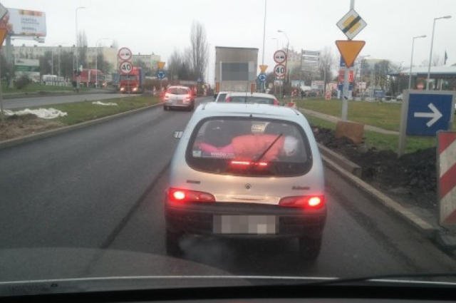 Widok dziecka wiezionego na półce pod tylną szybą samochodu przyciągnął uwagę nie tylko innych kierowców.